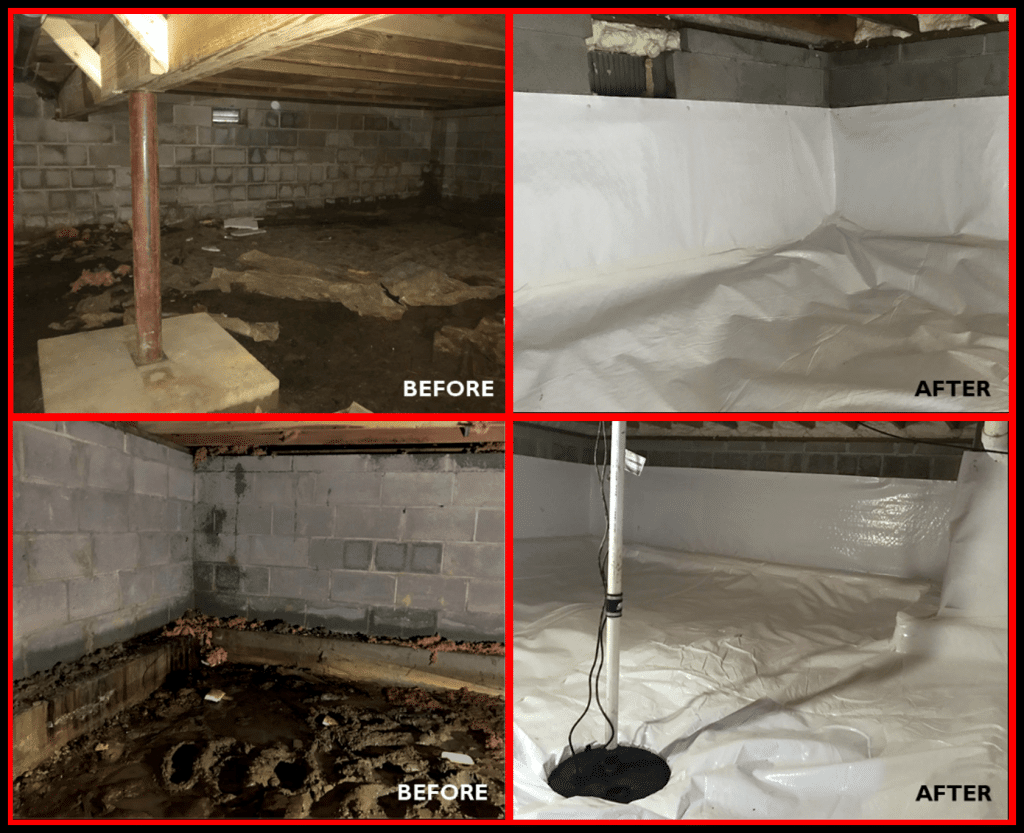 Crawl space transformation showcasing before and after Flexi-Seal waterproofing installation, highlighting clean, dry encapsulated area with reinforced white membrane.