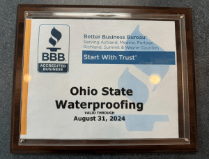 Better Business Bureau accreditation plaque for Ohio State Waterproofing, showcasing the company's commitment to trust and quality in waterproofing services, valid through August 31, 2024.