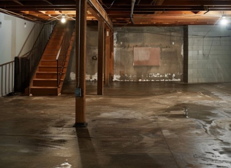Basement interior with concrete floor showing water accumulation, wooden support beams, and stairs, relevant to basement waterproofing and foundation maintenance.