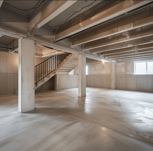Basement interior showing concrete floor, exposed beams, and staircase, emphasizing foundation stability and waterproofing importance for residential homes.
