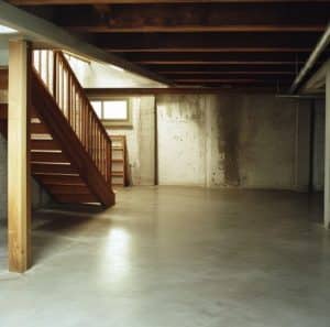 Empty basement space with concrete floor, wooden staircase, and exposed beams, illustrating potential for waterproofing solutions and finished basement ideas.