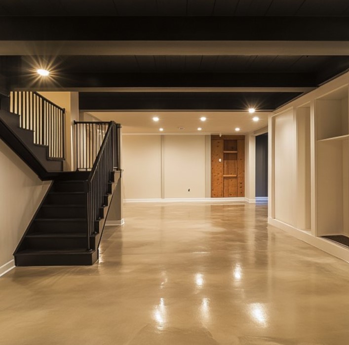 Modern basement interior with polished concrete floor, staircase leading to upper level, and well-lit space, emphasizing waterproofing preparation and maintenance.