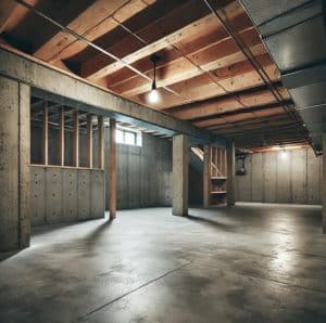 Empty basement space with concrete walls and exposed wooden beams, illustrating potential for waterproofing solutions and basement finishing ideas related to water seepage prevention.