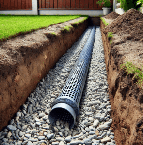 French drain installation with gravel and perforated pipe in a trench, illustrating water management solution for homes.