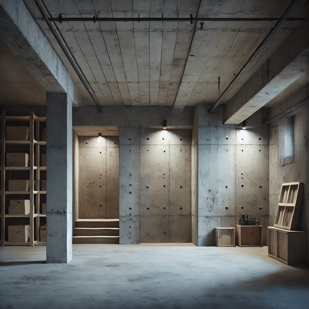 a room with concrete walls and shelves