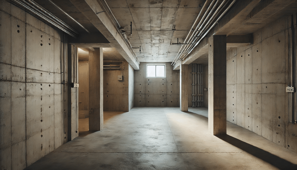 a room with concrete walls and pipes