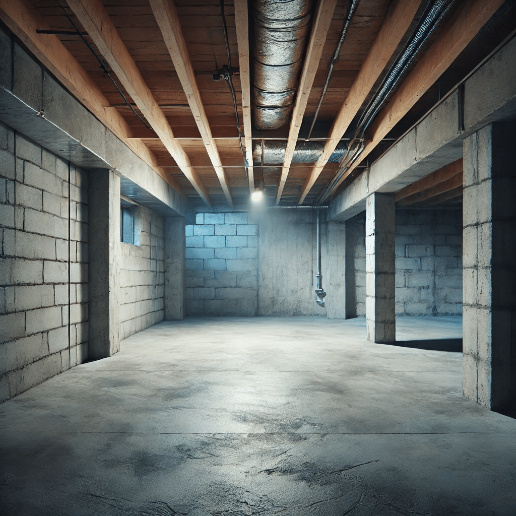 a room with concrete walls and beams