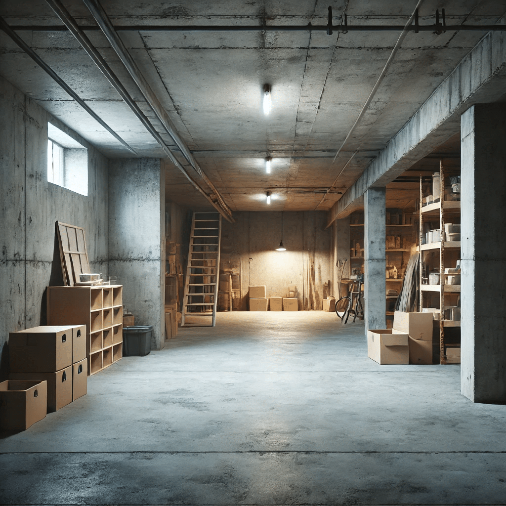 a room with boxes and shelves