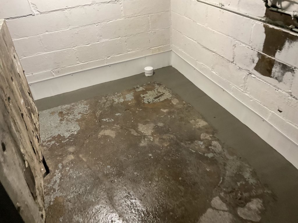 Basement interior with concrete floor showing signs of moisture, featuring white walls and drainage system, relevant to basement waterproofing methods.