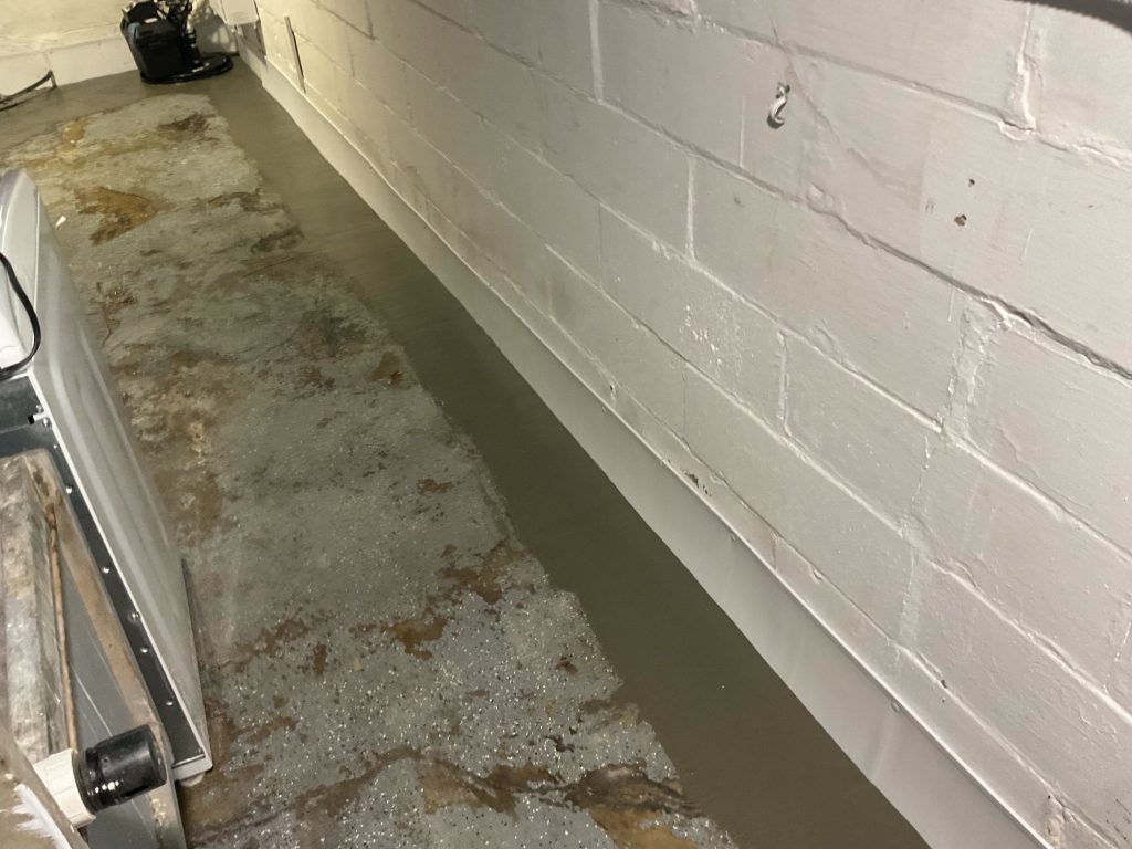 Basement floor with newly applied waterproofing layer, showcasing smooth gray surface and adjacent wall, relevant to basement waterproofing maintenance and DIY projects.
