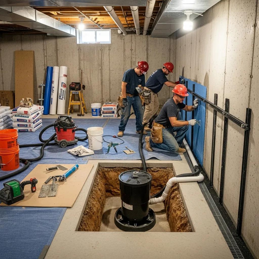 Contractors applying various basement waterproofing solutions including sump pump and drainage systems