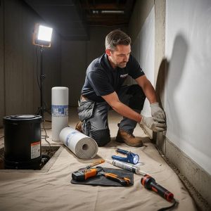 Professional contractor inspecting a basement for waterproofing solutions with tools and materials