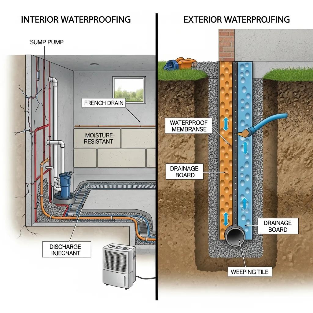 Side-by-side comparison of interior versus exterior waterproofing approaches