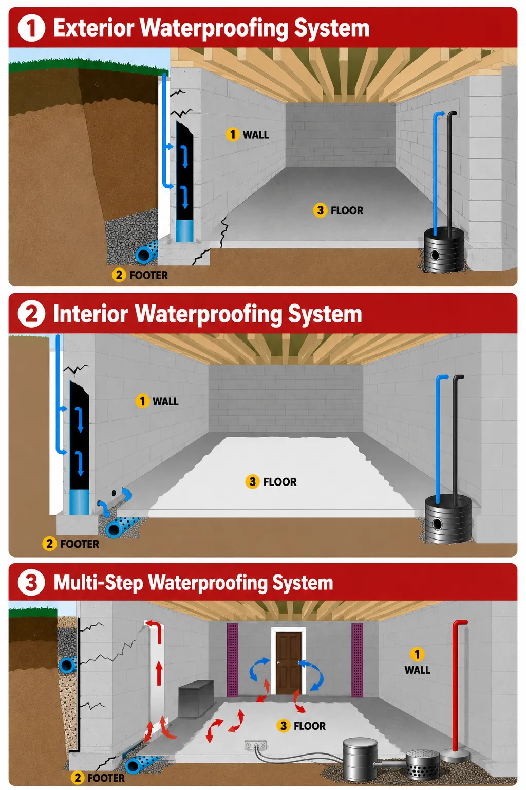 multi-step basement waterproofing system
