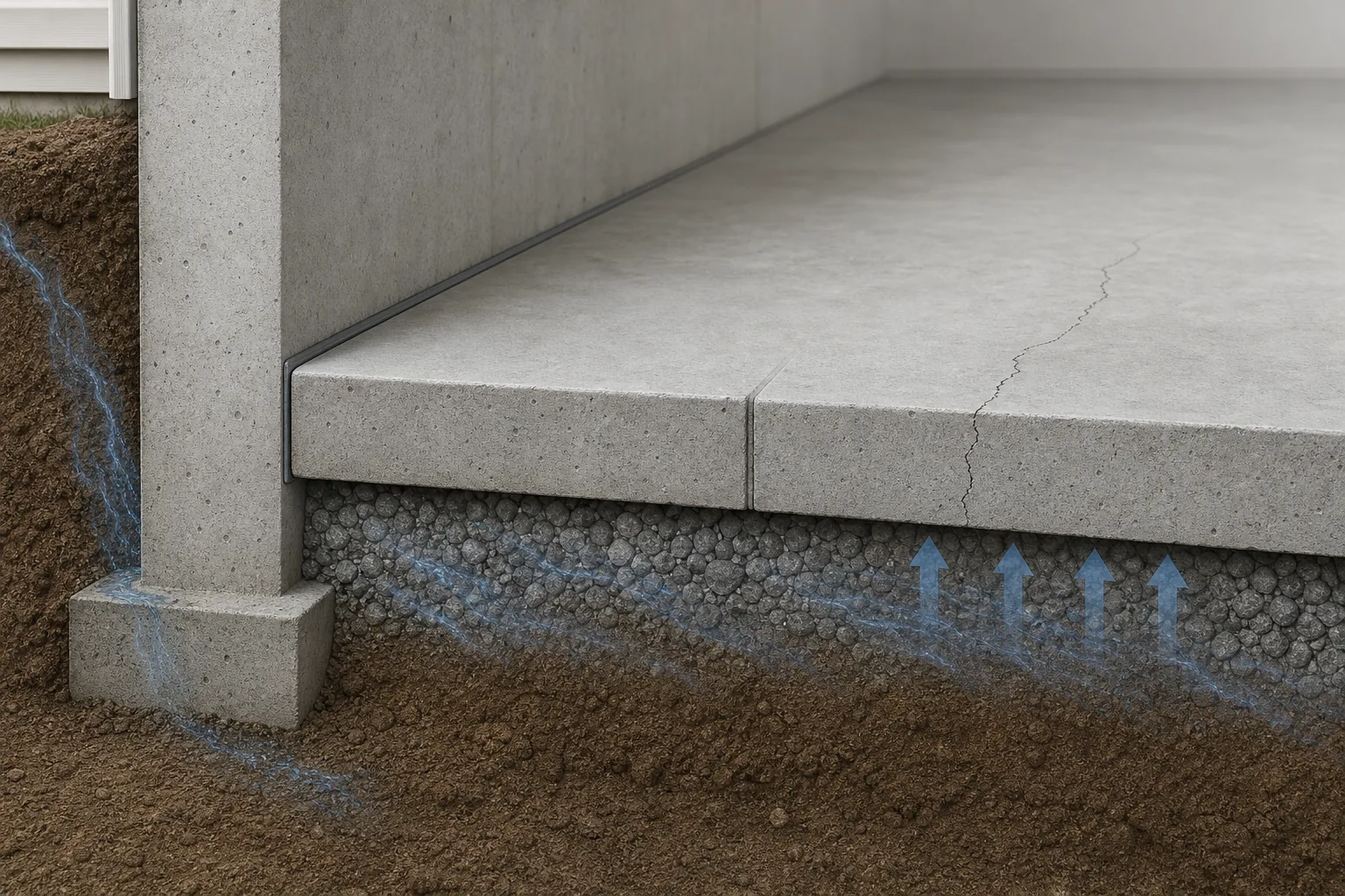 Cutaway of a basement slab, gravel base, soil, wall-floor joint, control joint, and below-slab moisture paths.