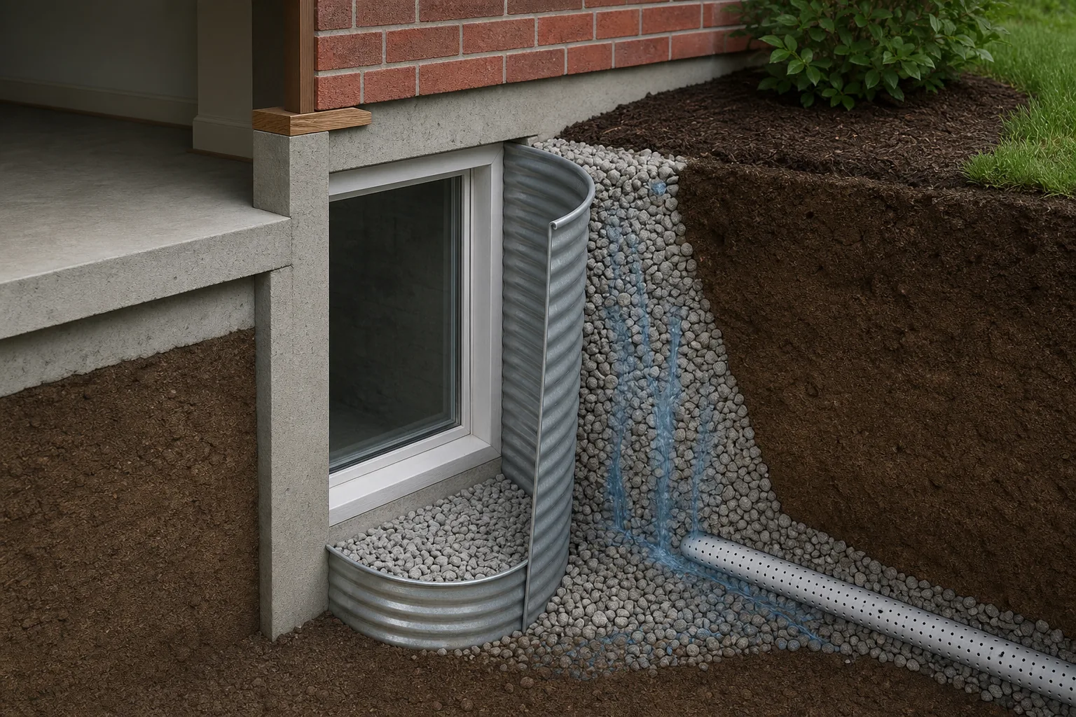 Cutaway of a basement window well showing gravel, a drain connection, soil, and downward water movement.